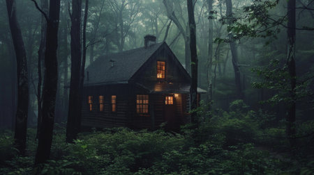 A cozy cabin in the woods surrounded by rain-drenched foliage, the perfect retreat to escape the hustle and bustle of daily life during the rainy season.の素材