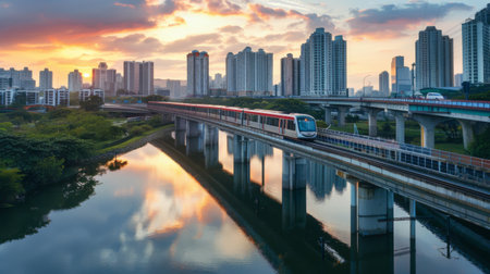 A commuter train speeding across a bridge over a tranquil river, connecting distant neighborhoods and suburbs with the vibrant heart of the city.の素材