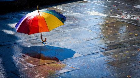 A colorful umbrella casting a playful shadow on a rain-soaked sidewalk, adding a touch of whimsy to a dreary day.の素材