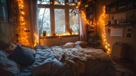A cozy bedroom bathed in the soft glow of fairy lights, creating a dreamy and enchanting atmosphere for relaxation and restful sleep.の素材