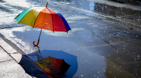 A colorful umbrella casting a playful shadow on a rain-soaked sidewalk, adding a touch of whimsy to a dreary day.の素材