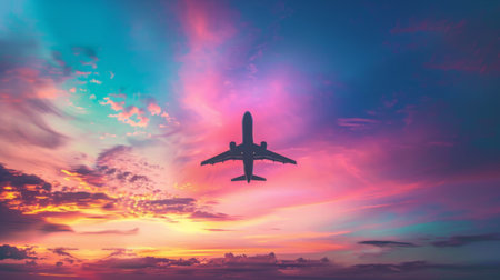 A commercial airliner ascending into a vibrant sunset sky, its silhouette framed by the colorful hues of dusk, symbolizing the journey towards new horizons.の素材