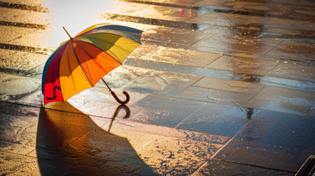 A colorful umbrella casting a playful shadow on a rain-soaked sidewalk, adding a touch of whimsy to a dreary day.の素材