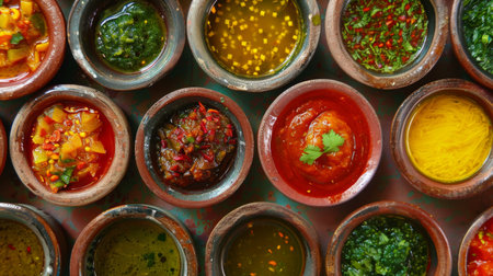 A colorful array of chutneys and sauces in small bowls, ready to accompany any mealの素材