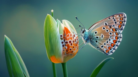 A butterfly perched on a blossoming flower bud, its delicate presence enhancing the beauty of natureの素材