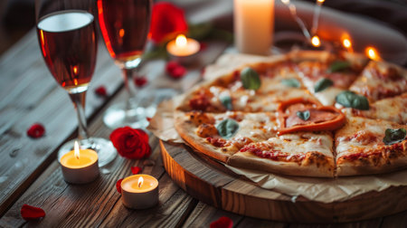 A cozy date night setting with candles and a heart-shaped pizza on a wooden tableの素材