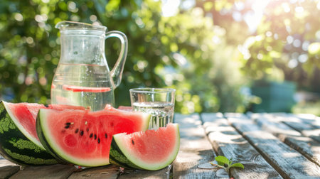 A close-up of watermelon slices and a jug of water on a rustic wooden table outdoorsの素材