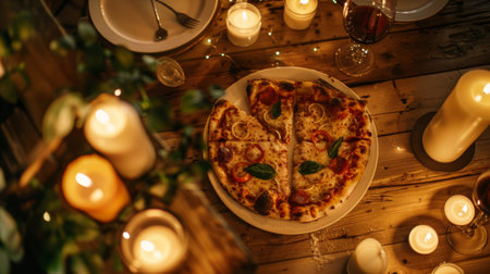 A cozy date night setting with candles and a heart-shaped pizza on a wooden tableの素材