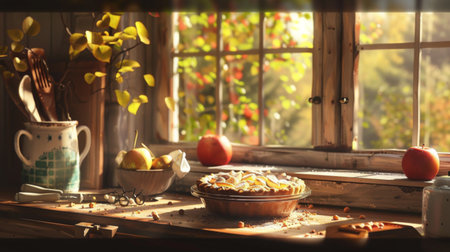 A cozy kitchen scene with a homemade apple pie cooling on the windowsill, evoking warmth and traditionの素材