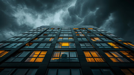 A dramatic view of a high-rise building illuminated against a stormy sky, the contrast between light and shadow adding drama and intrigue to the urban scene.の素材