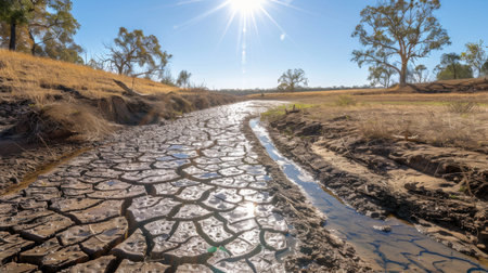 A cracked, dry riverbed under scorching sun, illustrating the harsh reality of droughtの素材