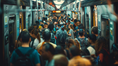 A crowded subway car during peak hours, commuters standing shoulder to shoulder as they travel together towards their destinations, illustrating the vitality of public transportation.の素材
