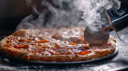A dynamic shot of a pizza cutter slicing through a freshly baked pie, steam risingの素材