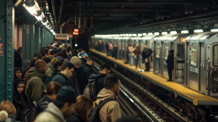 A crowded subway car during peak hours, commuters standing shoulder to shoulder as they travel togetherの素材