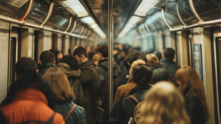 A crowded subway car during peak hours, commuters standing shoulder to shoulder as they travel together towards their destinations, illustrating the vitality of public transportation.の素材