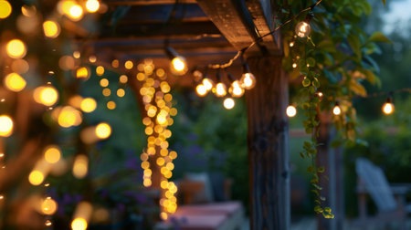 A decorative string of LED lights hanging from a pergola, illuminating an outdoor seating area and adding a festive touch to backyard gatherings.の素材