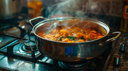 A cozy kitchen scene with a pot of aromatic curry simmering on the stove, tantalizing the sensesの素材