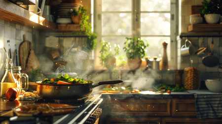 A cozy kitchen setting with pots of simmering curry stir-fry and the aroma of spices filling the airの素材
