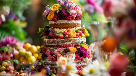 A festive occasion with a towering cake adorned with edible flowers, a centerpiece of celebrationの素材