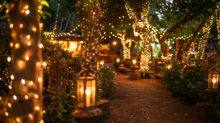 A magical garden adorned with shimmering string lights and glowing lanterns, creating a whimsical and enchanting atmosphere for evening gatherings and events.の素材