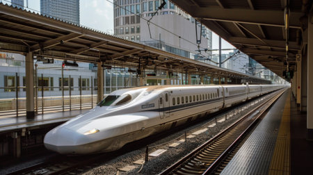 A high-speed bullet train departing from a sleek modern station, symbolizing the efficiency and speed of rail travel in the contemporary world.の素材