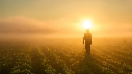 A farmer walking through a misty morning field, his silhouette against the rising sun evoking the quiet dedication of those who cultivate the land.の素材