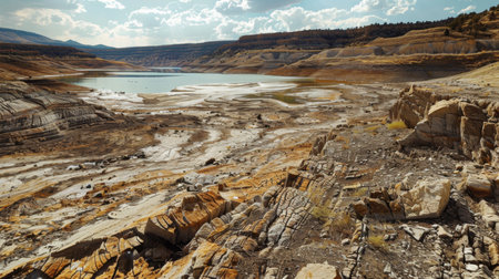 A dried-up reservoir exposing layers of sediment, revealing the impact of prolonged droughtの素材