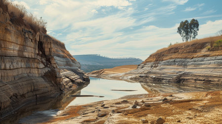 A dried-up reservoir exposing layers of sediment, revealing the impact of prolonged droughtの素材