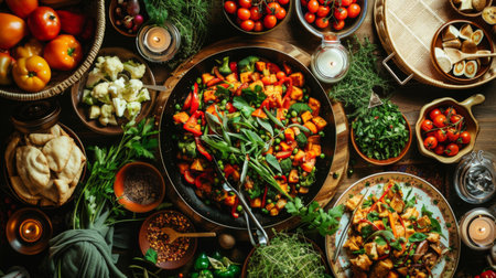 A festive dinner table with a large platter of curry stir-fry surrounded by steamed vegetables and fresh herbsの素材