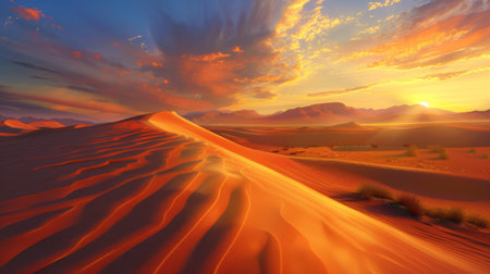 A golden sunrise casting long shadows across a desert landscape, painting the sand dunes in warm huesの素材