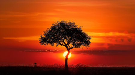 A lone tree stands silhouetted against the fiery hues of sunrise, a symbol of endurance and renewal in the face of the changing day.の素材