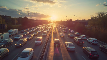 A long line of vehicles stretching into the distance on a congested highway, causing delays for commutersの素材