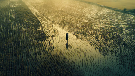A lone farmer stands against the backdrop of a vast rice field, his figure a symbol of resilience and determination in the face of the challenges of agricultural life.の素材