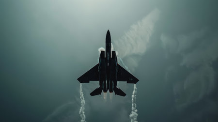 A military fighter jet climbing steeply into the sky, leaving behind a trail of exhaust as it demonstrates power, agility, and precision in flight.の素材