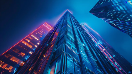 A majestic skyscraper illuminated by vibrant lights against the night sky, standing tall as a symbol of modern urban architecture and sophistication.の素材