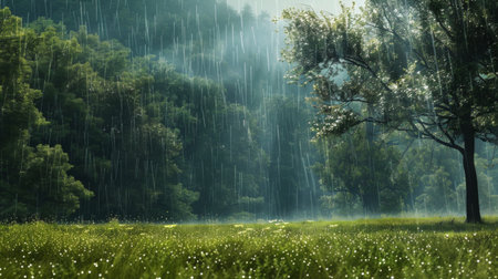 A serene countryside landscape with rain pouring down, filling the air with the soothing sound of nature's symphony.の素材