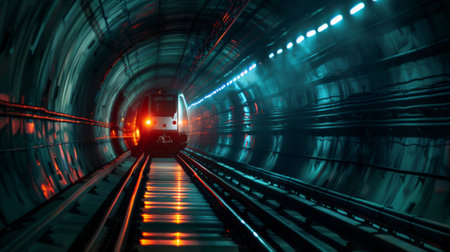A metro train passing through an underground tunnel, its lights illuminating the darkness as it transports passengers swiftly and safely beneath the city streets.の素材