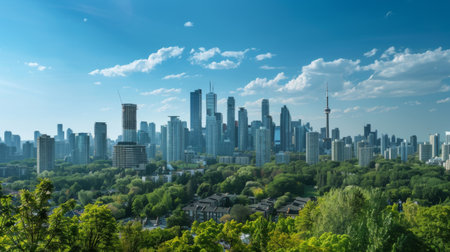 A panoramic view of a city skyline with iconic skyscrapers standing tall against the horizonの素材