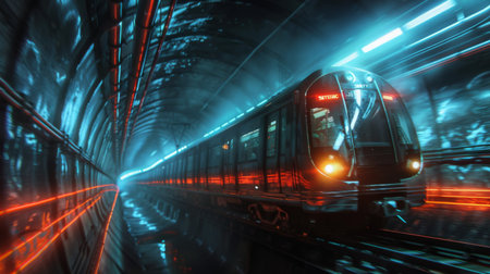 A metro train passing through an underground tunnel, its lights illuminating the darkness as it transports passengers swiftly and safely beneath the city streets.の素材