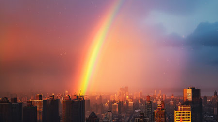 A rainbow stretching across the sky above a city skyline, bringing a moment of joy and wonder to urban life.の素材
