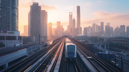 A panoramic view of a city skyline, with a sleek metro train passing in the foreground, demonstrating the seamless integration of public transit into the urban landscape.の素材