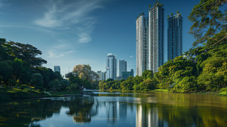 A panoramic shot of a modern skyscraper on the riverbank, framed by verdant trees and a shimmering waterway, epitomizing urban elegance.の素材