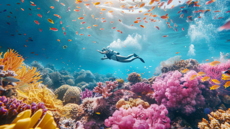 A peaceful underwater scene with a lone snorkeler exploring a vibrant coral garden teeming with lifeの素材