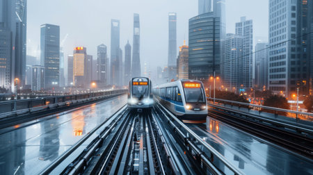 A panoramic view of a city skyline, with a sleek metro train passing in the foreground, demonstrating the seamless integration of public transit into the urban landscape.の素材