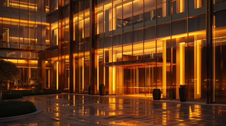 A modern office building glowing with warm golden lights, exuding an aura of elegance and professionalism that defines the corporate landscape of the city.の素材