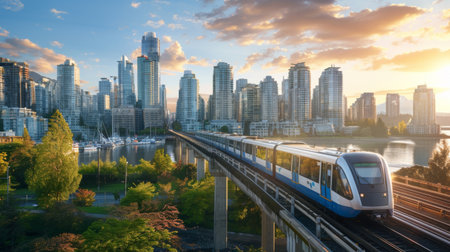 A panoramic view of a city skyline, with a sleek metro train passing in the foreground, demonstrating the seamless integration of public transit into the urban landscape.の素材