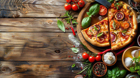A rustic wooden table adorned with freshly baked pizza, topped with colorful ingredientsの素材