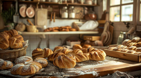 A rustic kitchen scene with freshly baked pastries cooling on a wire rack, filling the air with sweetnessの素材