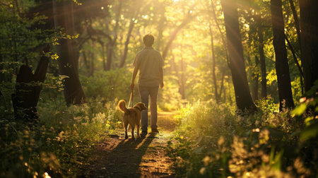 A pet owner and their loyal companion take a leisurely walk through a sun-dappled forest, enjoying the beauty of nature and the bond between human and animal.の素材