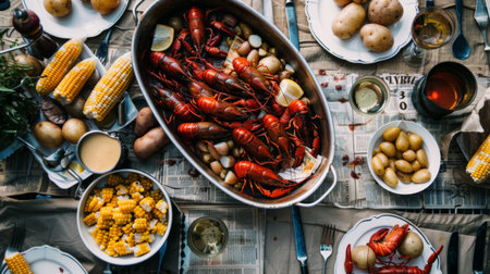 A rustic seafood boil spread on a newspaper-covered table, featuring crawfish, corn on the cob, and potatoes -の素材